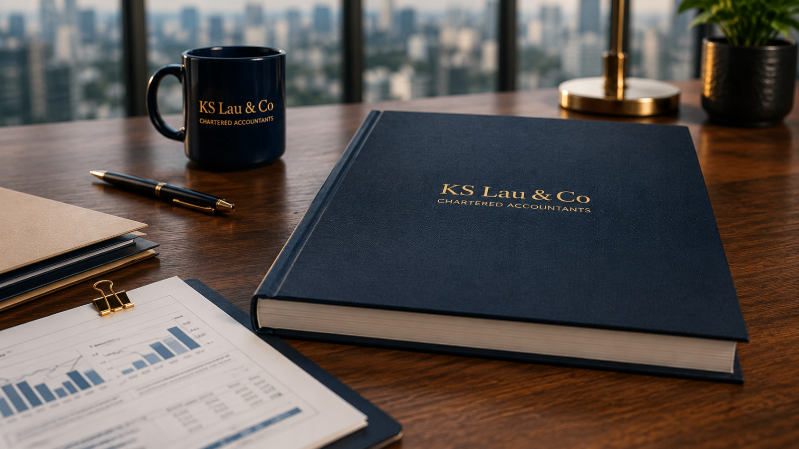 KS Lau & Co branded mug and notebook on a desk